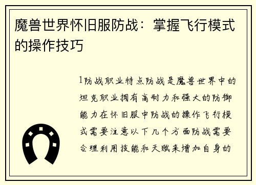 魔兽世界怀旧服防战：掌握飞行模式的操作技巧