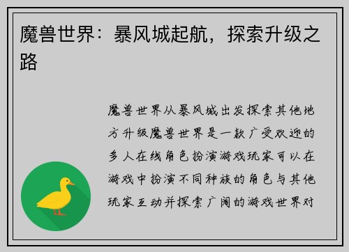 魔兽世界：暴风城起航，探索升级之路